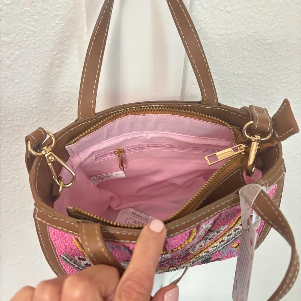 NWT Anthropologie Crossbody Bag Pink and Brown with Boho Embroidery - Picture 3 of 11